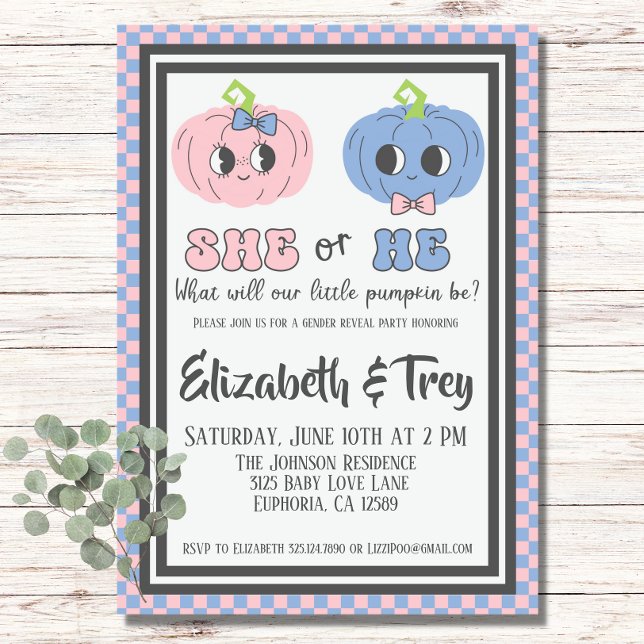 Convites Revolução do Gênero da Abóbora das Abóbora das Cap (Super pink and blue pumpkin invitation for fall baby gender reveal party!)