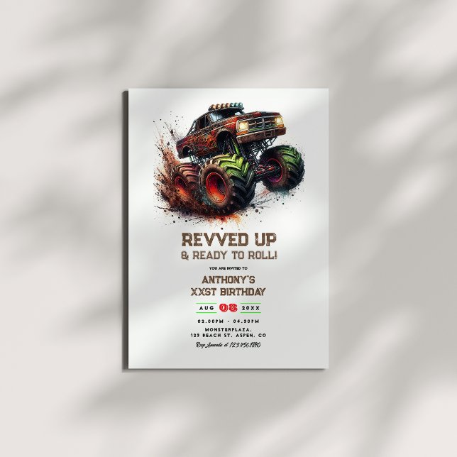 Convites “Revved Up & Ready to Roll” Festa de Aniversário d (“Revved Up & Ready to Roll” Monster Truck Birthday Invitation)