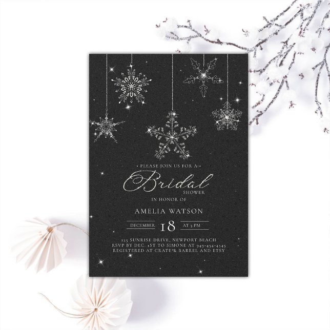 Convites Rhinestone Snowflakes Chá de panela Branco Negro (rhinestones bridal shower invitation glitter snowflakes black white modern festive classy sparkle)