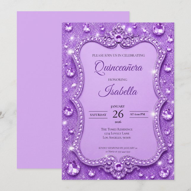 Convites Rhinestones de Luxo Glitter Roxo Quinceañera (Frente/Verso)
