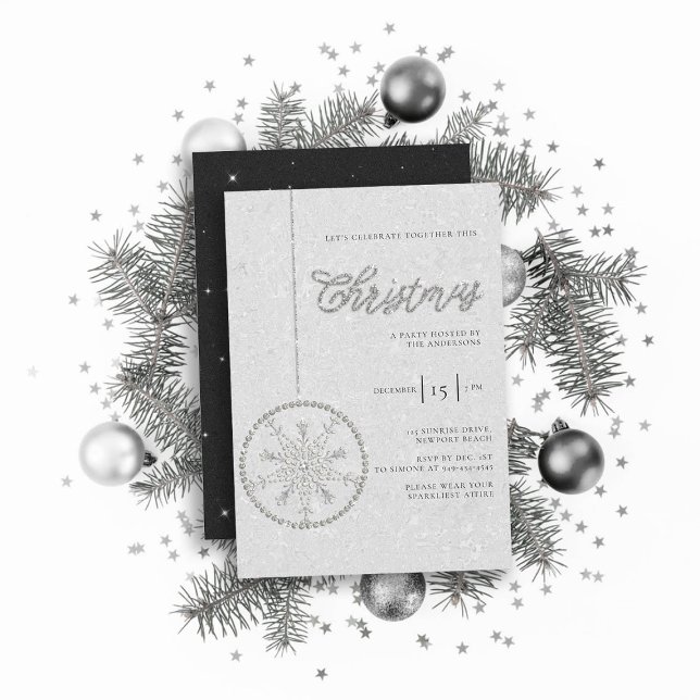 Convites Rhinestones do Partido Sparkasse Glitter Natal Bra (sparkly glitter christmas party invitation rhinestones bauble snowflake formal black white elegant)