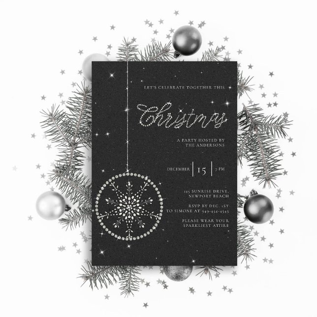 Convites Rhinestones do Partido Sparkasse Glitter Natal Neg (sparkly glitter christmas party invitation rhinestones bauble snowflake formal black white elegant )