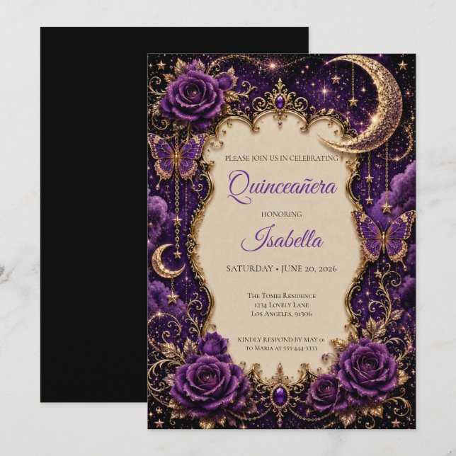 Convites Rhinestones Roxos de Luxo Princesa Quinceañera (Frente/Verso)