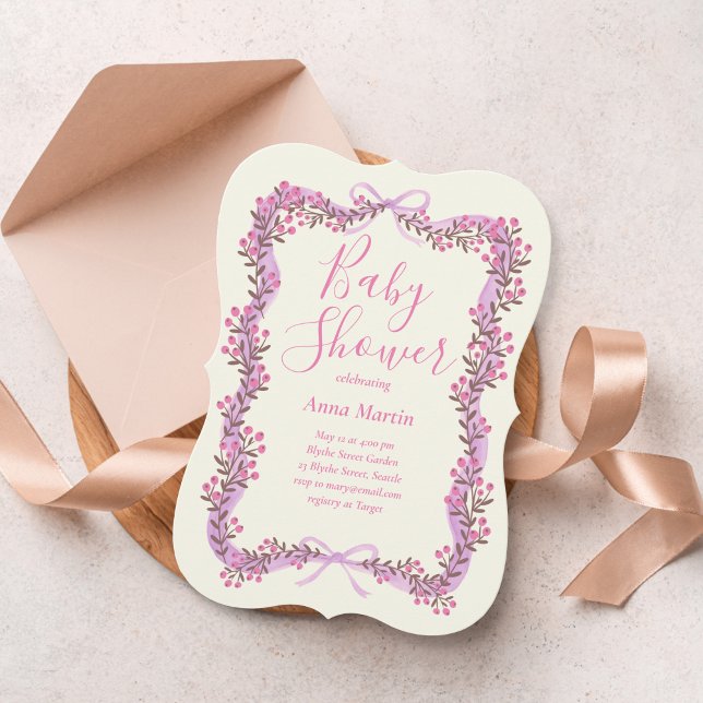 Convites Ribbon Bow and Greenery Baby Shower Invitation (Criador carregado)