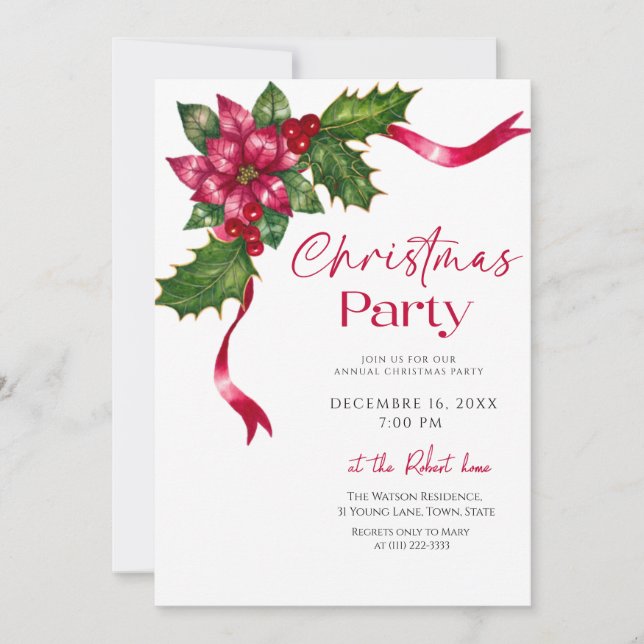 Convites Ribbon floral Christmas Holiday Party (Frente)