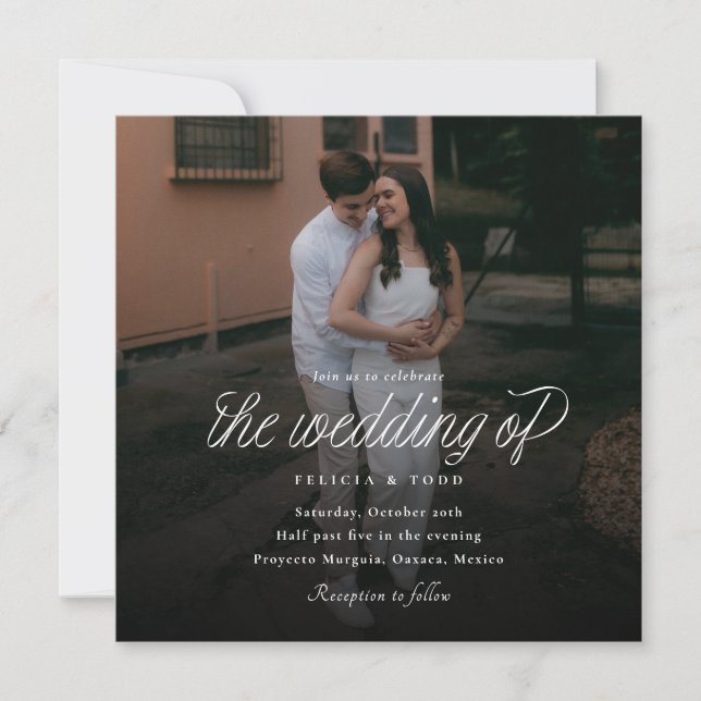 Convites Ribbon Script Minimalist Square Wedding Photo (Frente)
