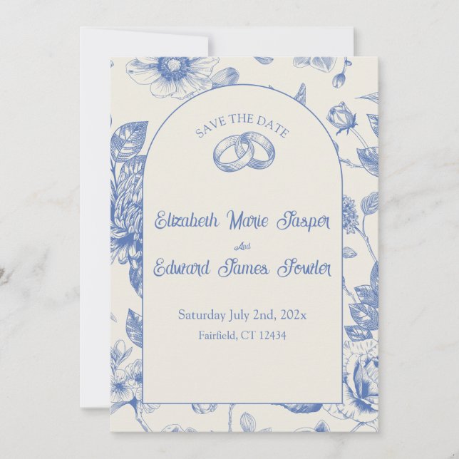 Convites Rich Blue French Floral Toile Floral Salvar Data (Frente)