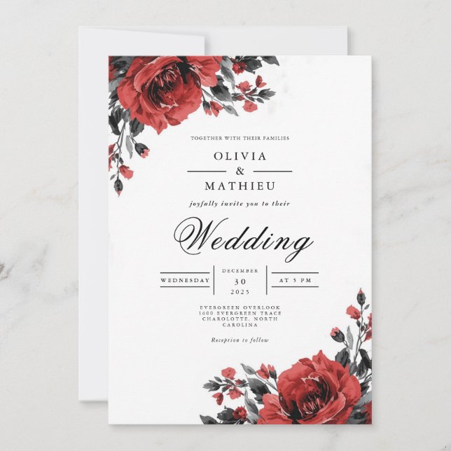 Convites Rich Red Floral Casamento Romântico (Frente)