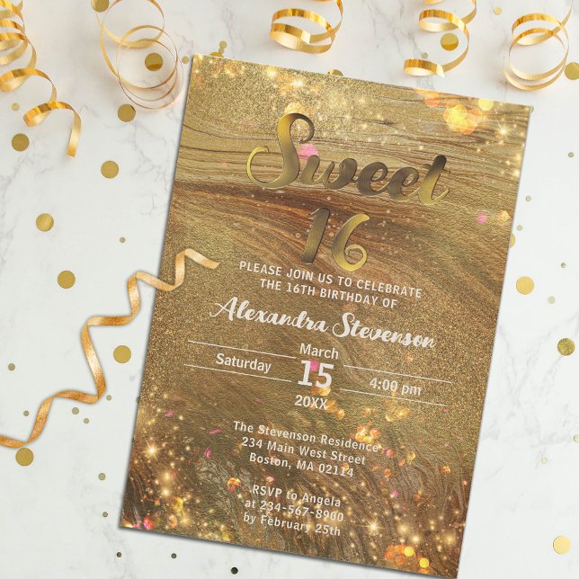 Convites Rico abstrato Trendy Dourado Glitter Sweet 16 (Criador carregado)