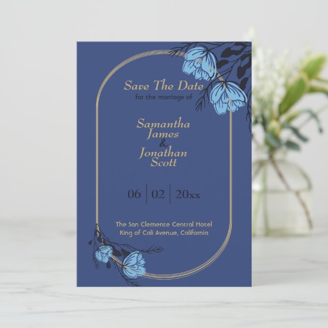 Convites Rico Azul Flor Casamento Salvar A Data (Em pé/Frente)