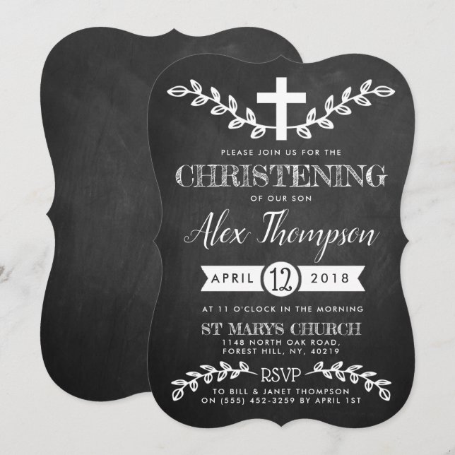 Convites Rico Chalkboard Cross & Foliage Christening (Frente/Verso)