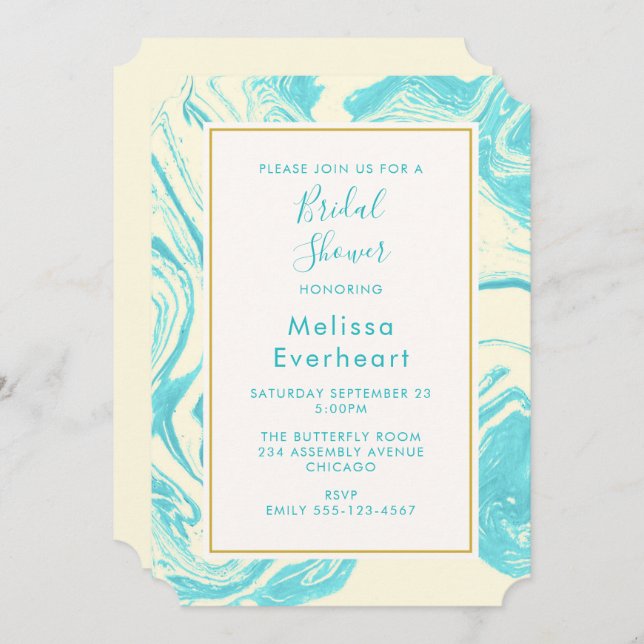 Convites Rico de mármore em turquesa e creme (Frente/Verso)