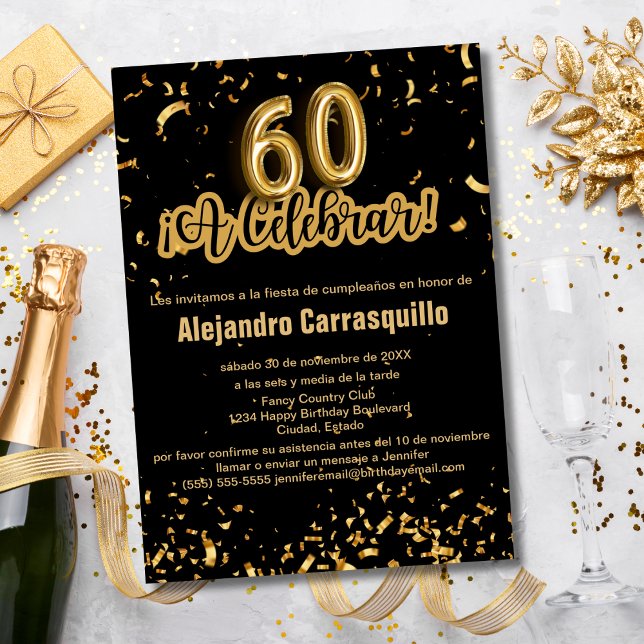 Convites Rico espanhol Black & Dourado Confetti 60º Anivers (Criador carregado)