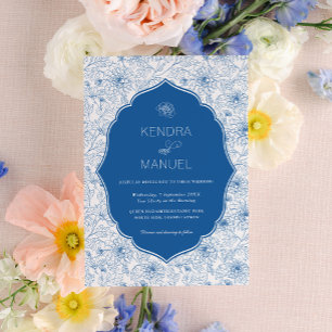 Convites Rico Floral de Toile Casamento Azul Francês