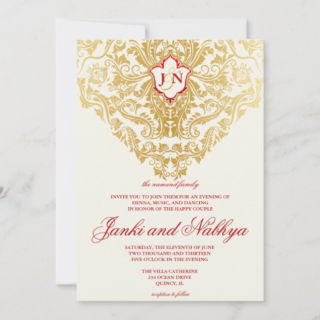 Convites Rico floresce Ouro Casamento Árabe Indiano (Frente)