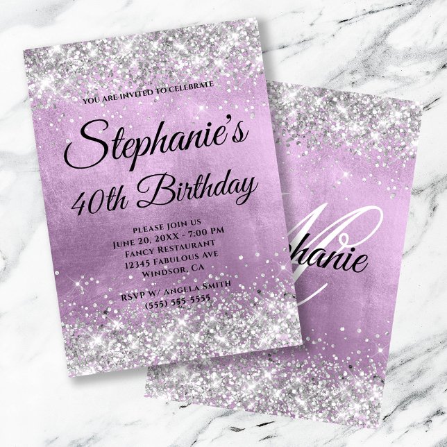 Convites Rico Lilático de Folha de Prata Monograma (Silver Glitter Lilac Foil Fancy Monogram Invitation)