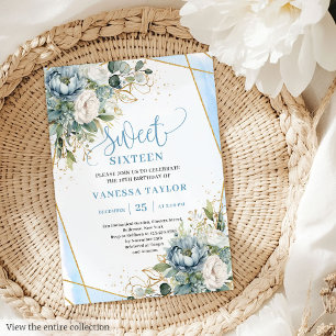 Convites Rico Pastel Blue Dourado Floral Sweet Sessenta