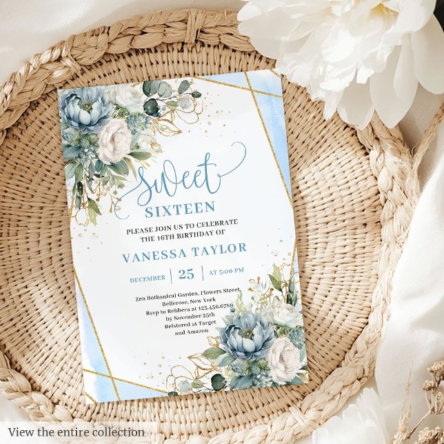 Convites Rico Pastel Blue Dourado Floral Sweet Sessenta (Fancy Pastel Blue White Gold Floral Sweet 16 Invitation)