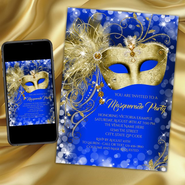 Convites Rico Real Azul Dourado Glitter (Blue and gold masquerade party invitation with pretty gold jewel mask on a blue and gold background.)