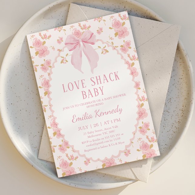 Convites Rico Rosa Floral Amor Shack Chá de fraldas Bebê (Love Shack Baby Shower Invitation Template, Love Shack Fancy Baby Shower Invitation Bow Baby Girl)