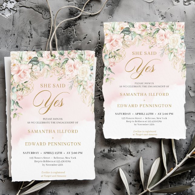 Convites Rico rosas cor-de-rosa ela disse sim noivado (Bohemian pale pink roses sage greenery and gold she said yes engagement invitation download)