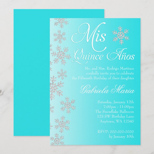 Convites Rico Teal Snowflake Winter Wonderland Quinceanera (Frente/Verso)