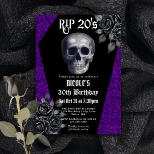 Convites RIP Anos 20 Gótico Caveira Roxa Floral 30º Anivers