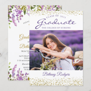 Convites RN Graduação de Enfermagem Foto Dourada Floral Púr