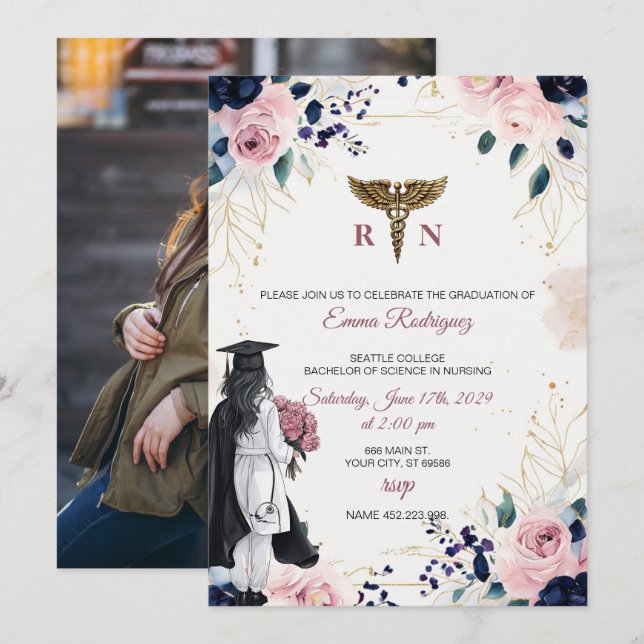 Convites RN Nursing Graduation Invitation | BSN Nurse Party (Frente/Verso)