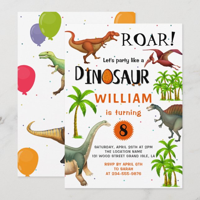 Convites Roar Boys Dinossaur Birthday Jungle Party (Frente/Verso)