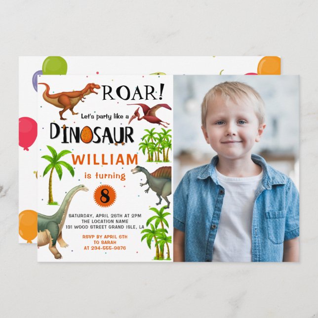 Convites Roar Boys Dinossaur Birthday Jungle Party Foto (Frente/Verso)