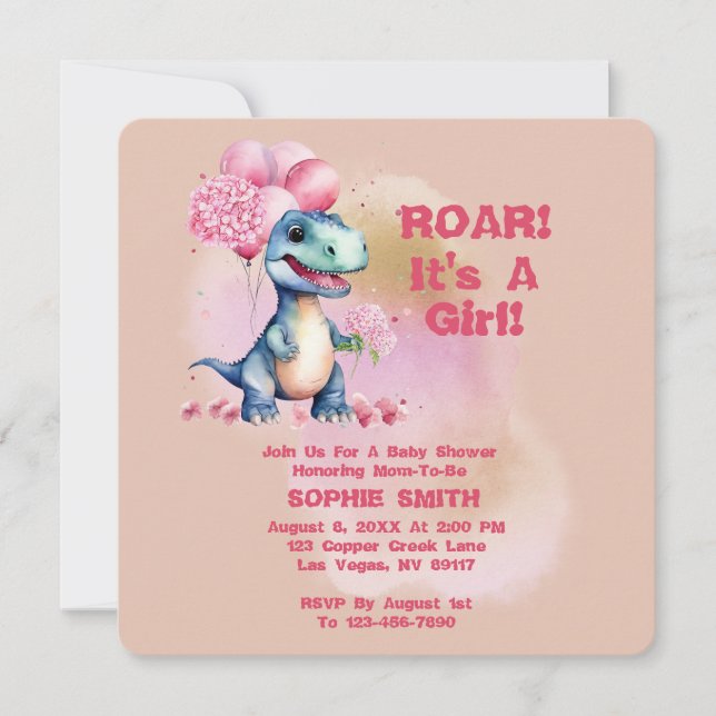 Convites Roar É Uma Garota T-Rex Bebê Dinossauro Rosa (Frente)