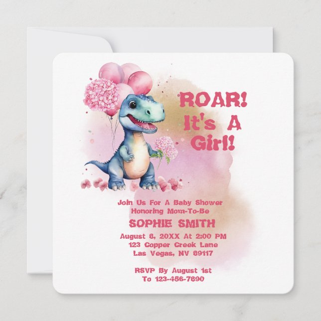 Convites Roar É Uma Garota T-Rex Bebê Dinossauro Rosa (Frente)