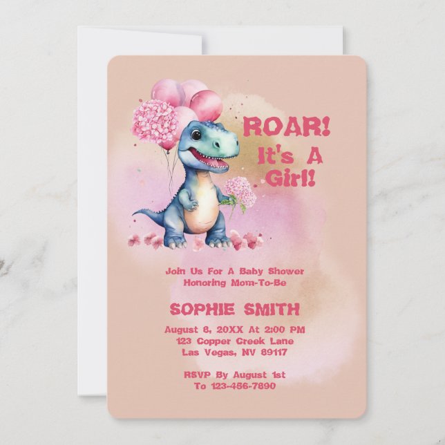 Convites Roar É Uma Garota T-Rex Bebê Dinossauro Rosa (Frente)