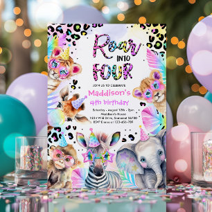 Convites Roar Em Quatro Garota Pink Safari Aniversário Leop