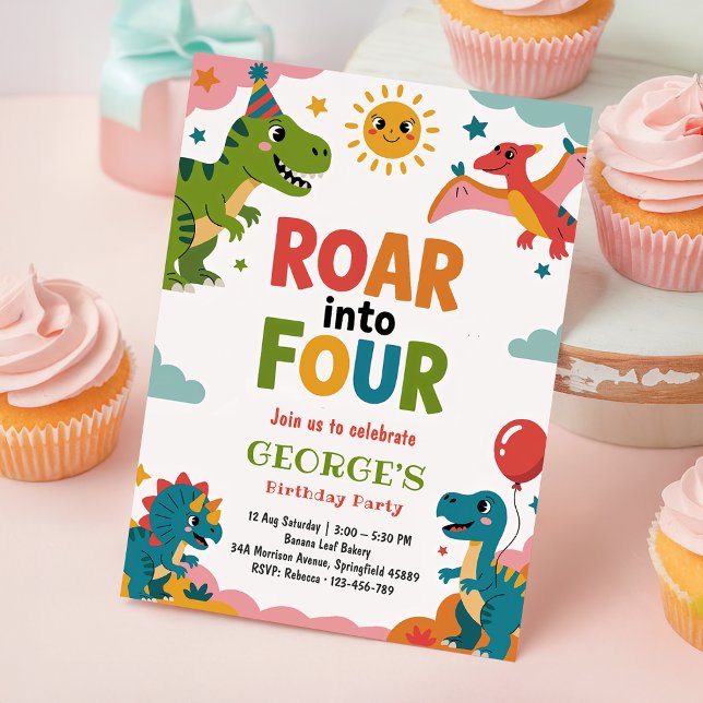 Convites Roar Into Four Cute Dinosaurs 4th Birthday Party (Criador carregado)