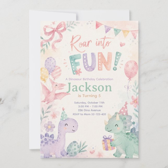 Convites Roar Into Fun Dinosaur Invitation Editable (Frente)