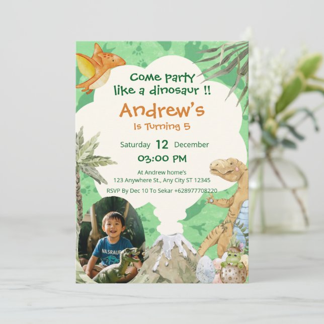 Convites Roar-some Dino Volcano 5th Birthday Invitation (Em pé/Frente)