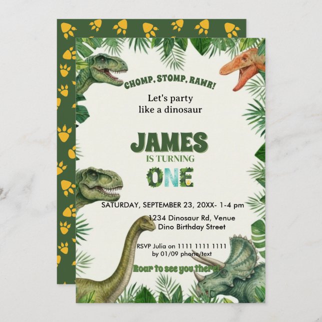Convites Roar-some Dinosaur 1st Birthday Invitation (Frente/Verso)