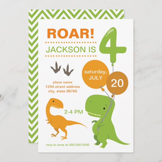 Convites Roar, sou Quatro Dinossauro Verde Quarto Aniversár (Frente/Verso)