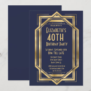 Convites Roaring 20s Art Deco Azul Marinho Dourado 40º