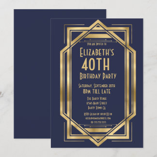 Convites Roaring 20s Art Deco Azul Marinho | Dourado 40º