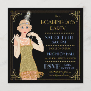 Convites Roaring 20's Flapper Dourado Brilho Preto Retro