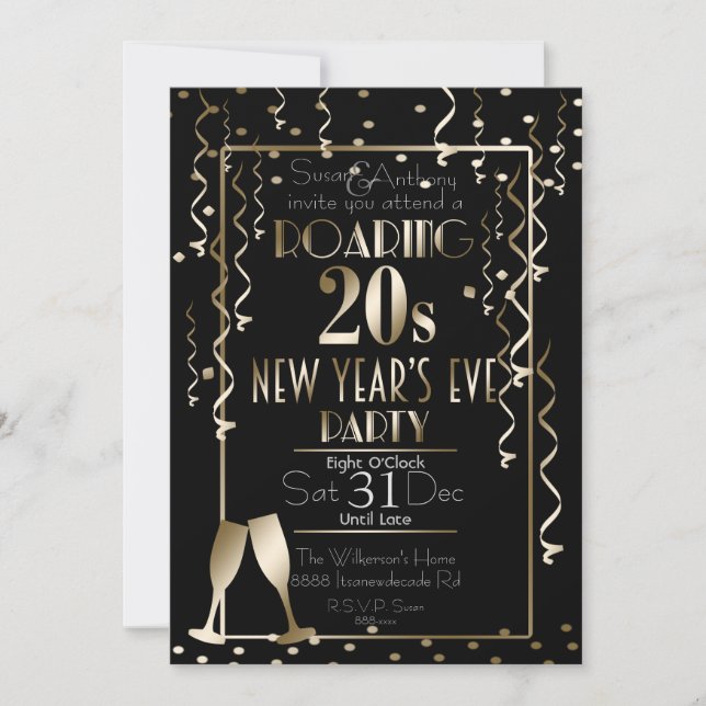 Convites Roaring 20s Retro Dourado Confetti Ano Novo (Frente)