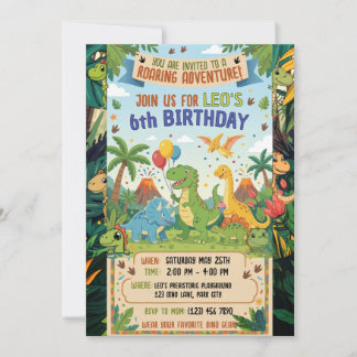 Convites Roaring Dinosaur Adventure 6th Birthday Flat 