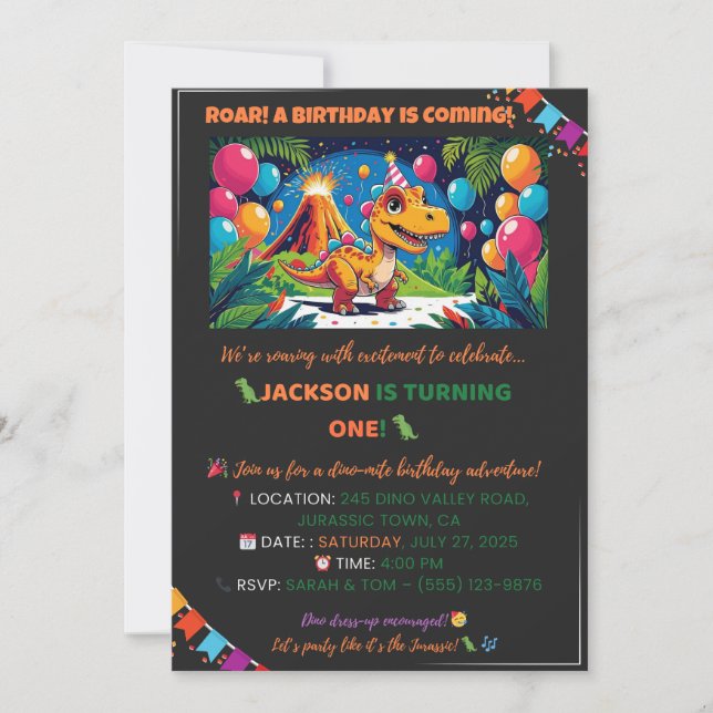 Convites Roarsome Dino Birthday Card – Editable (Frente)
