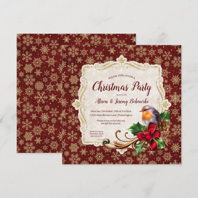 Convites Robin e Dourada Glitter Snowflakes Festa de Natal (Frente/Verso)