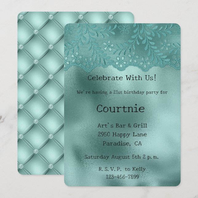 Convites Robin Egg Green Lace e Diamantes Aniversário (Frente/Verso)