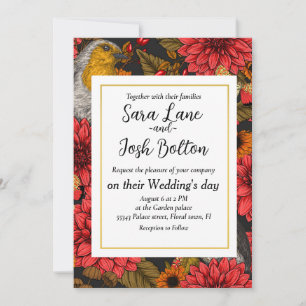 Convites Robins no jardim do outono, dahlias vermelhas em p