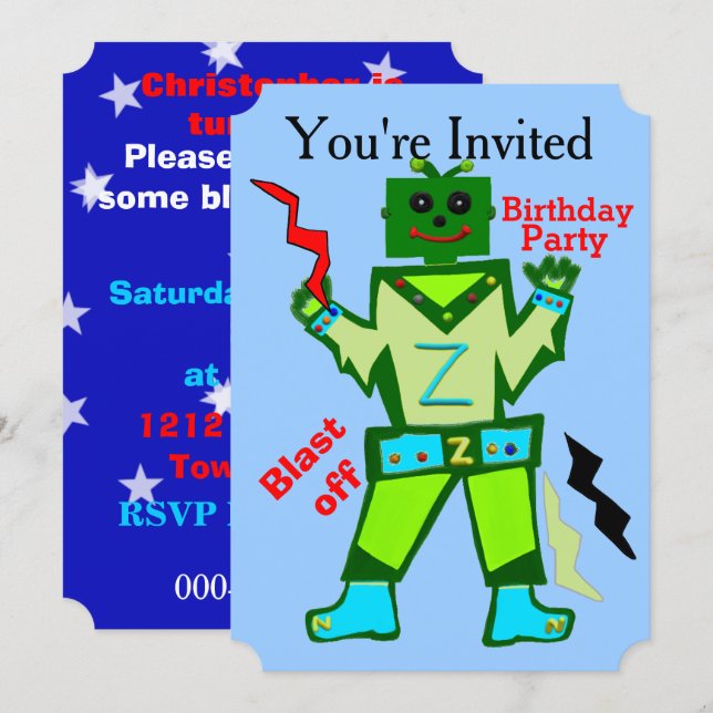 Convites Robô Menino decolar e Festa de Aniversário das Est (Frente/Verso)
